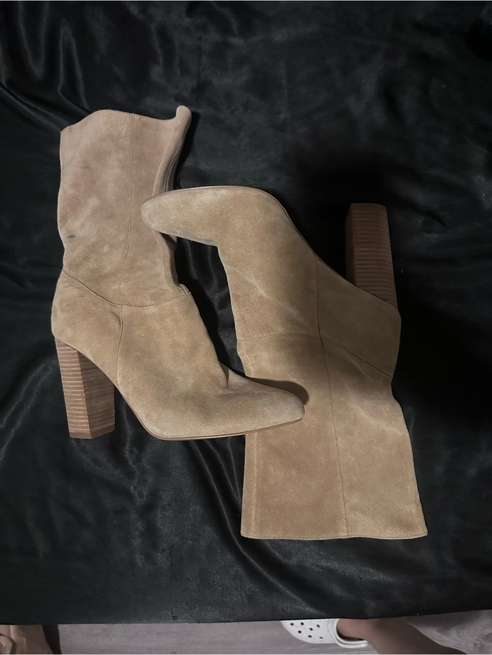 Women's Taupe Suede Mid-Calf Block Heel Boots